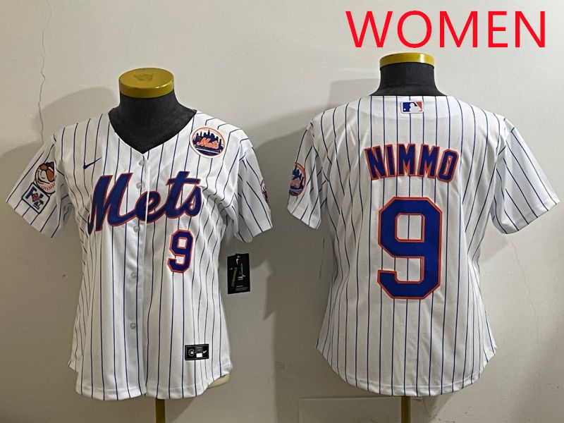 Women 2025 New York Mets #9 Nimmo White Stripe Game Nike MLB Jersey style 10->women mlb jersey->Women Jersey